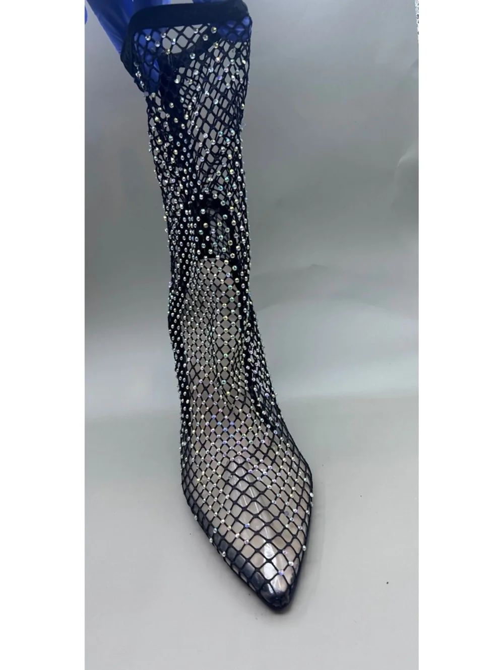 Black Rhinestone Mesh Ankle Boots Women's Size 8 Pointed Toe Stiletto Booties